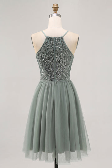 Grey Green Halter A Line Tulle Homecoming Dress with Sequins